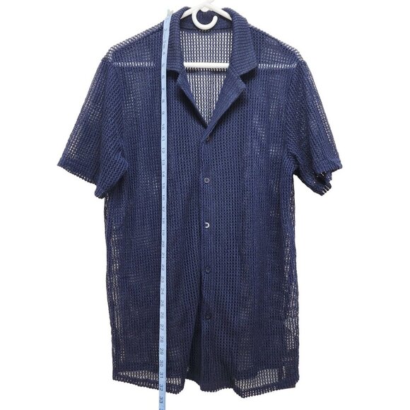 Mens Navy Blue Mesh Button-Up Shirt By URRU Size L Short Sleeve Lightweight - Picture 7 of 10